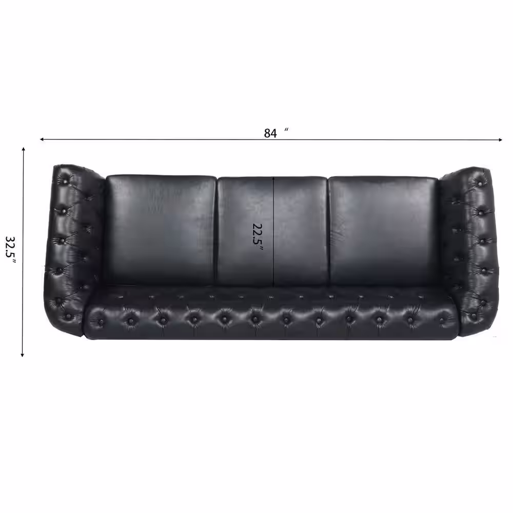 Harper & Bright Designs 84 in. W Rolled Arm Faux Leather Chesterfield Straight Sofa in Black