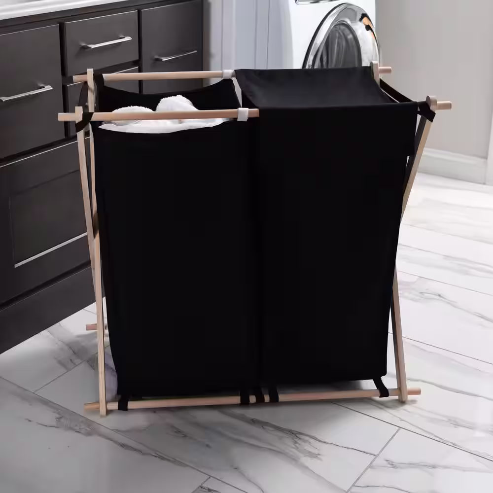 HOUSEHOLD ESSENTIALS X-Frame Wood Laundry Sorter Collapsible Wood Frame with Washable Poly-Cotton Bags