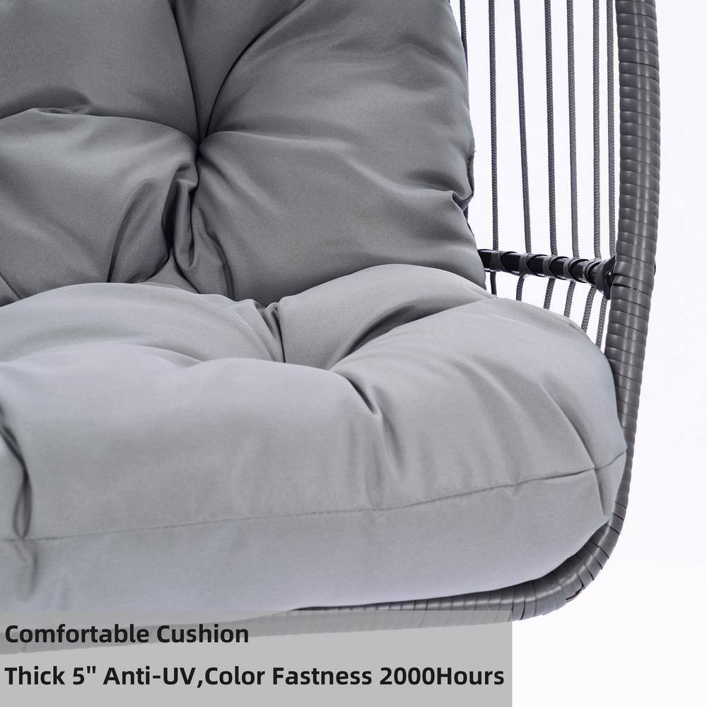 None 6.3 ft. Patio Wicker Rattan Swing Hammock Egg Chair With Cushion and Pillow in Gray