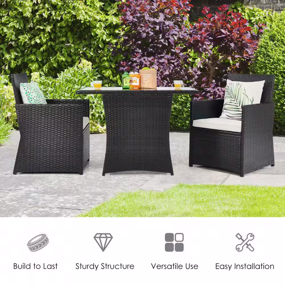 Gymax 3-Piece Patio Wicker Bistro Set PE Rattan Dining Table Set with White Cushions