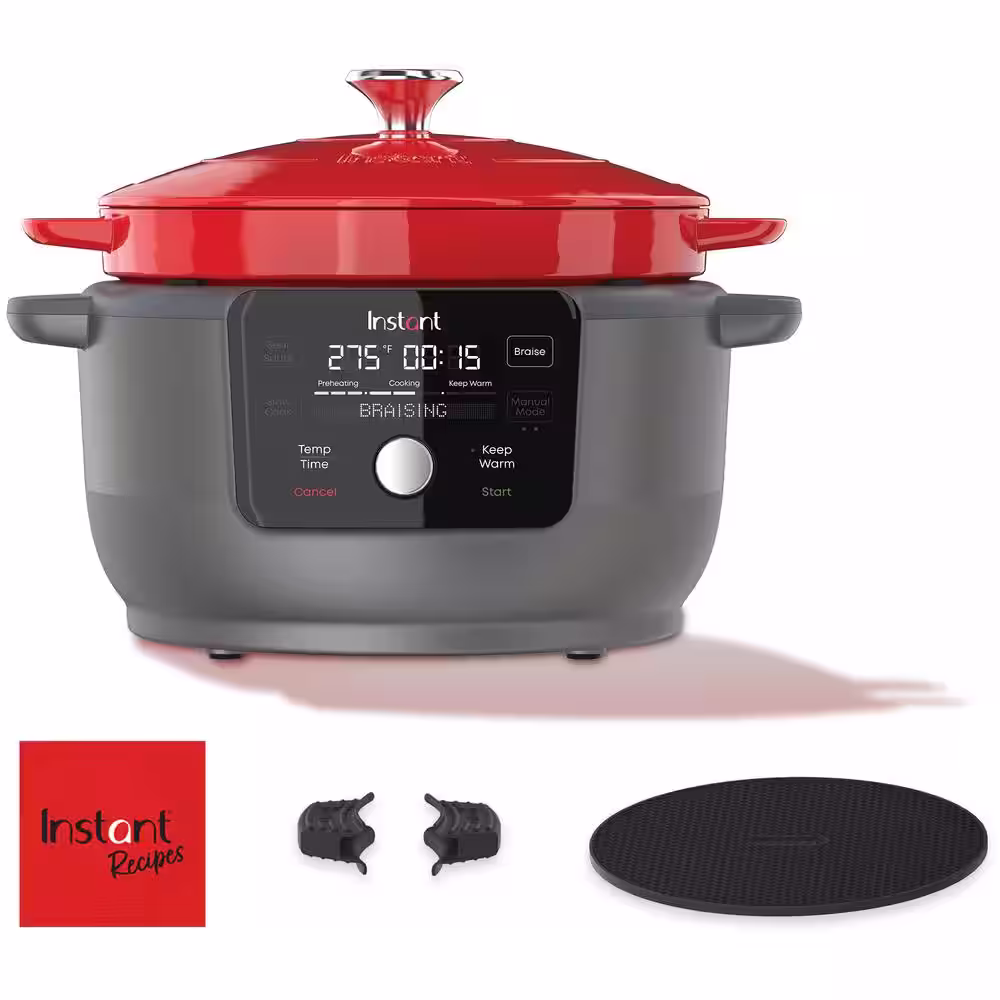 INSTANT 6 qt. Red Enameled Cast Iron Precision Electric Dutch Oven Multi-Cooker with Lid