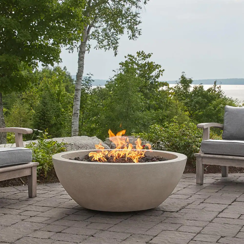 JENSEN CO Pompton 42 in. Round Concrete Composite Natural Gas Fire Pit in Fog with Vinyl Cover