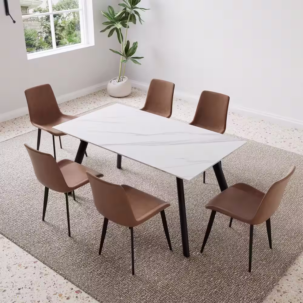 None 7-Piece White Slate Stone Dining Table Set with Rectangular Table and 6 Brown Dining Chairs