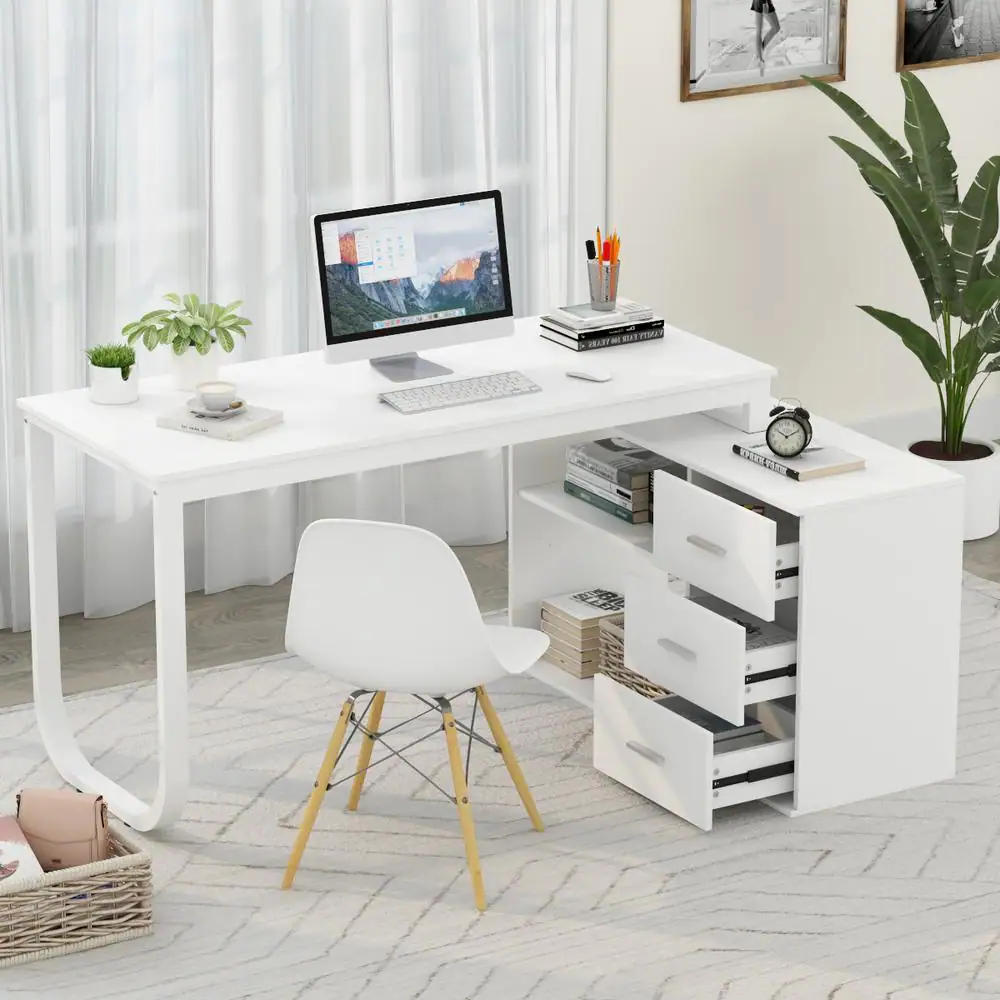 None 55.1 in. L-Shaped White Wood Computer Desk Writing Desk Office Executive Desk W/Removable Tabletop, Shelves, 3-Drawers