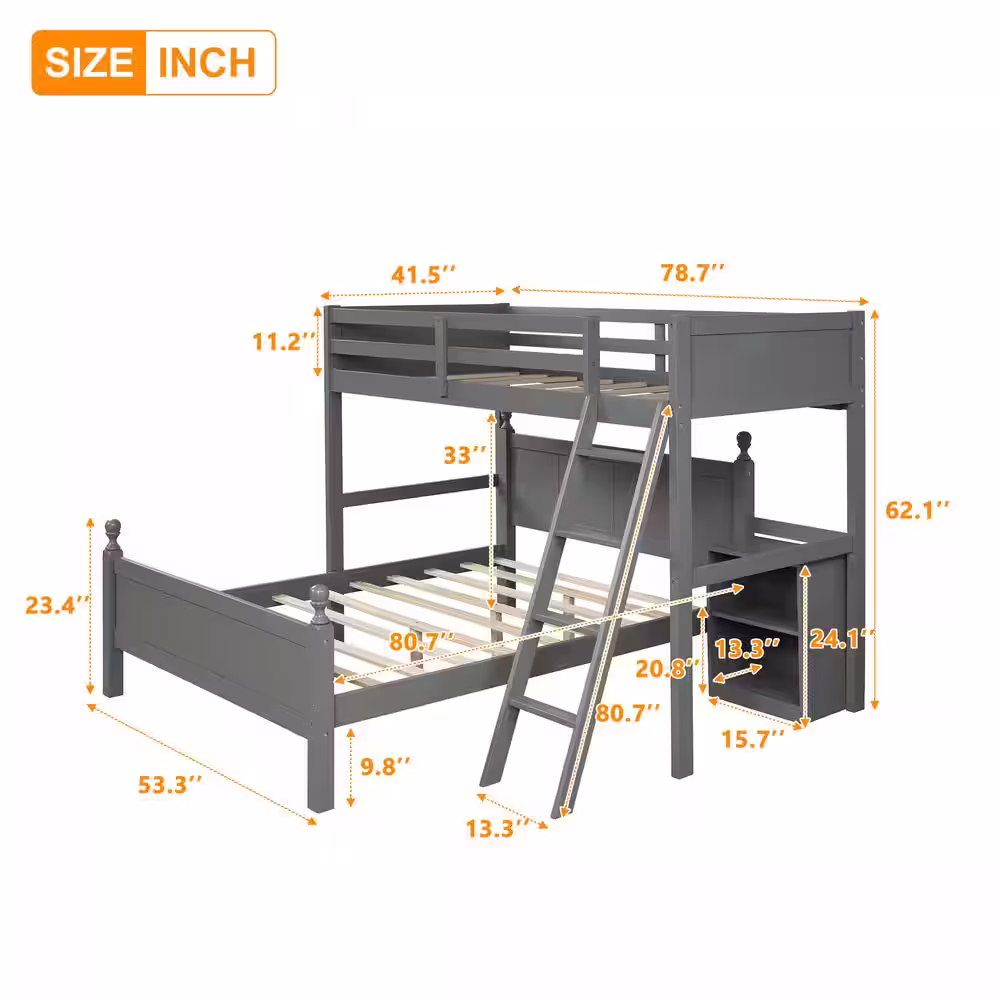 Harper & Bright Designs Gray Twin Over Full Loft Bed with Cabinet