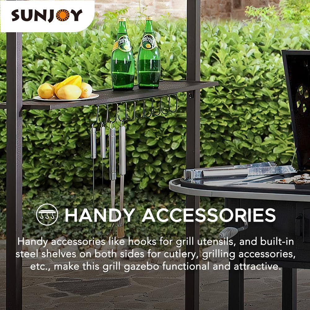 Sunjoy Jonas 5 ft. x 8 ft. Black Steel 2-Tier Grill Gazebo with Red Canopy