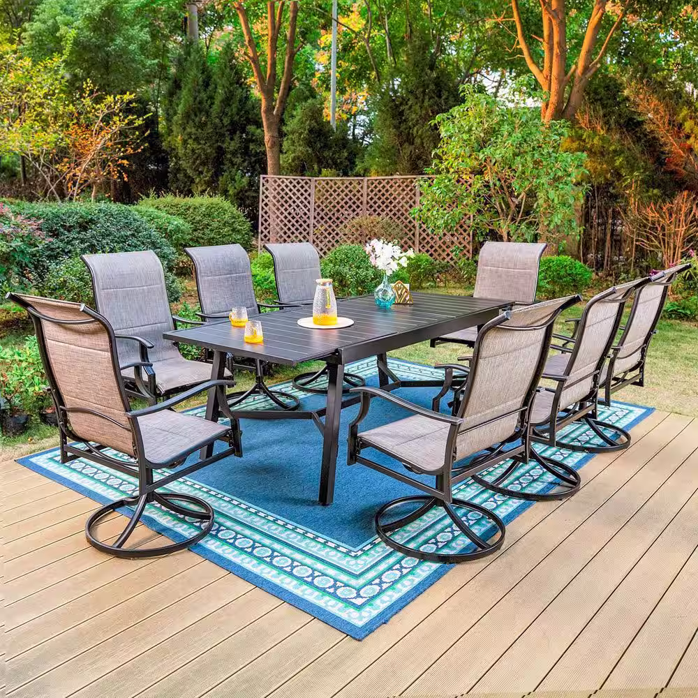 None Black 9-Piece Metal Outdoor Patio Dining Set with Slat Extendable Table and High Back Padded Textilene Swivel Chairs