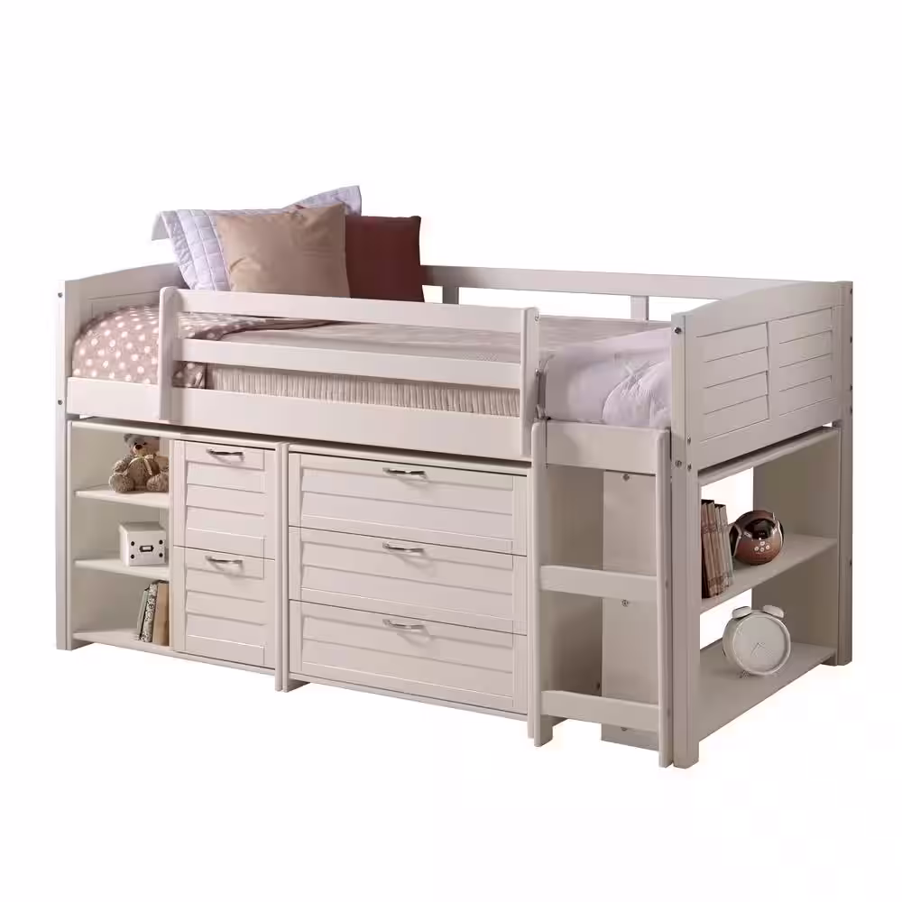 Donco Kids White Twin Louver Low Loft Bed with 3 and 2-Drawer Chests and Shelves