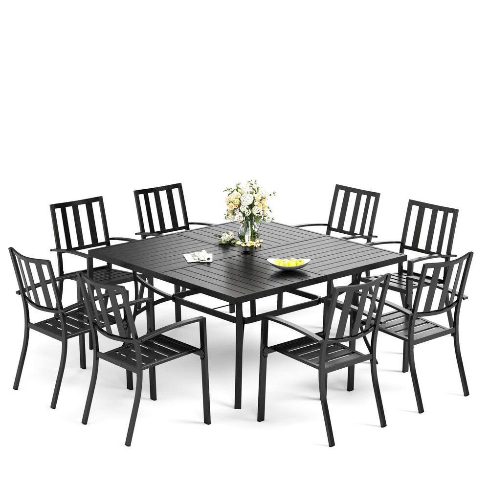 None 9-Piece Metal Outdoor Dining Set with Square Table and Black Modern Stackable Chairs