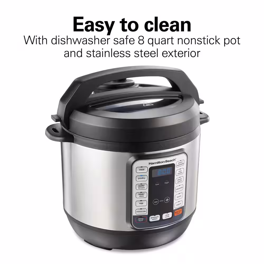 Hamilton Beach 8 Qt. Stainless Steel Electric QuikCook Pressure Cooker with 12-Preset Functions