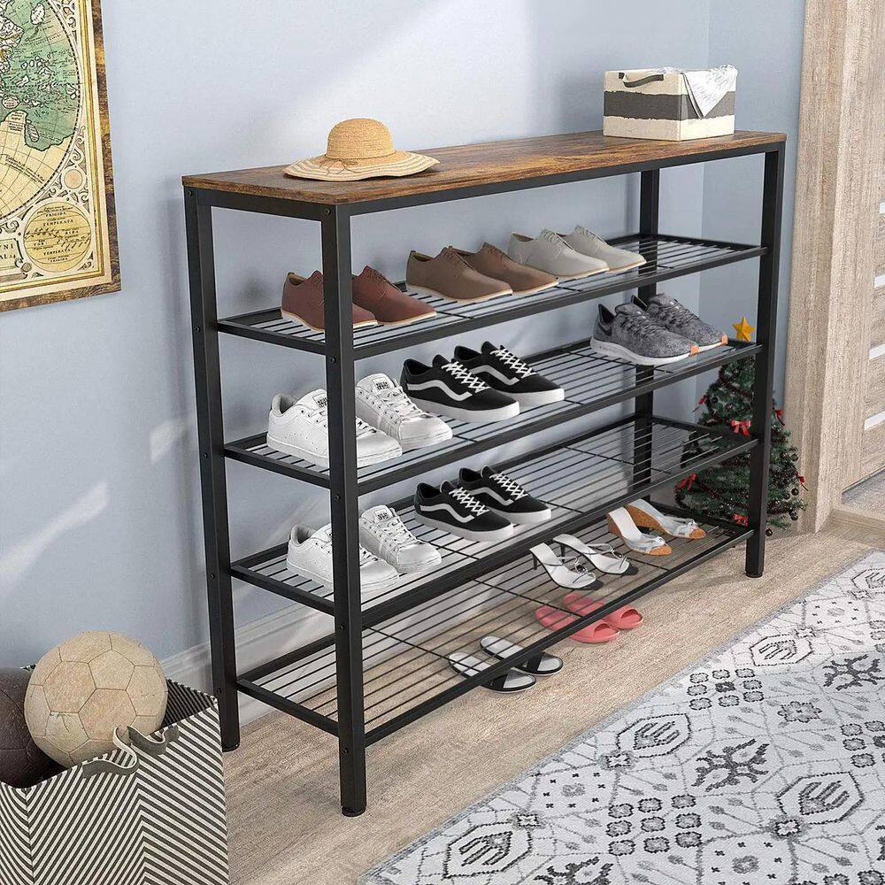 None 36.6 in. H 16-Pair 5-Tier Black Metal Shoe Rack