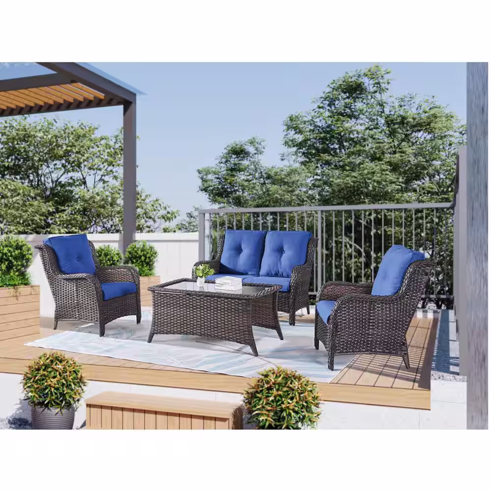 Gymojoy Carolina 4-Piece Wicker Patio Conversation Set with Gray Cushions