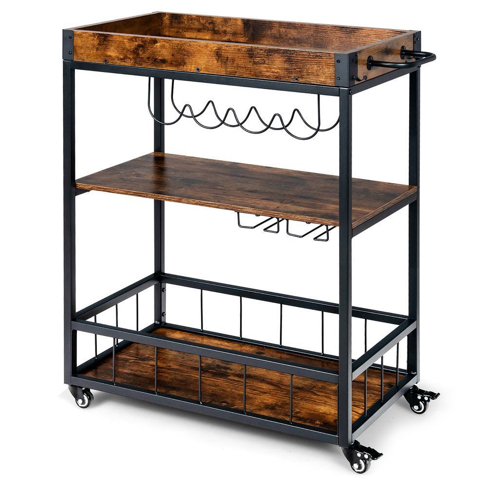 Costway Brown 3-Tier Rolling Kitchen Bar Cart Serving Trolley Wine Rack Removable Tray