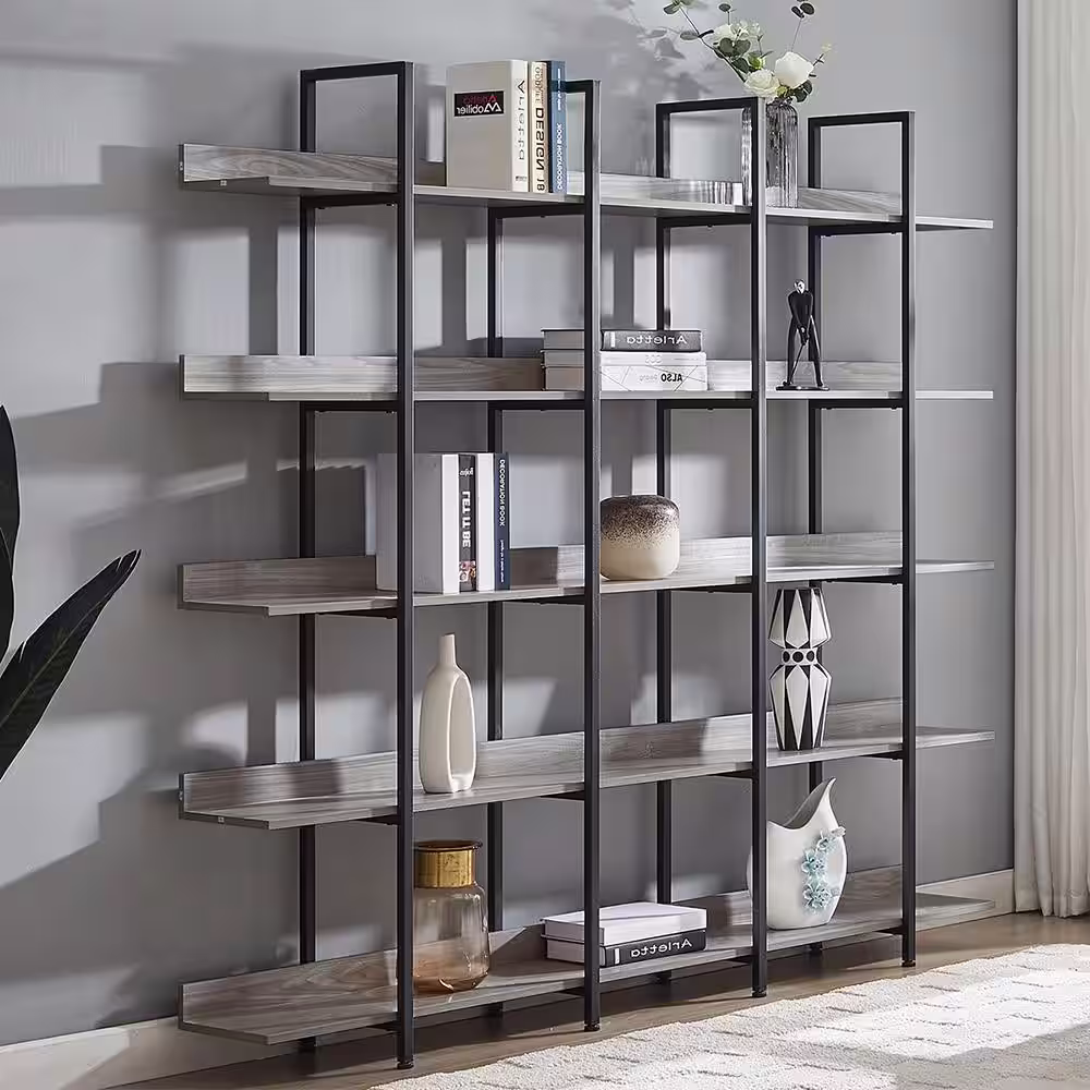YOFE 70.87 in. White MDF Board Wooden 5-Shelf Accent Bookcase with Metal Frame Vintage Industrial Home Office Open Bookshelf