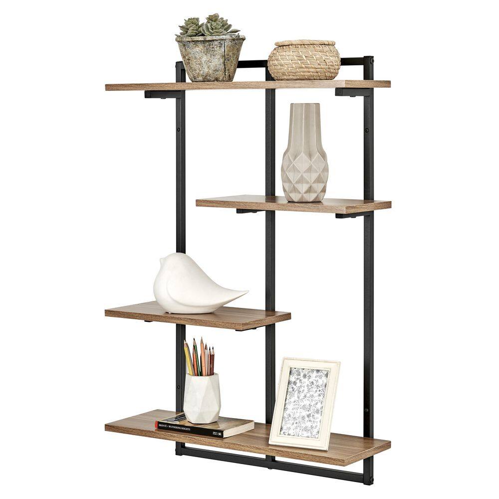 DANYA B Rhodes 34.5 in. 4-Tier Windowsill Wall Shelf with Black Metal Frame and Light Walnut MDF Shelves