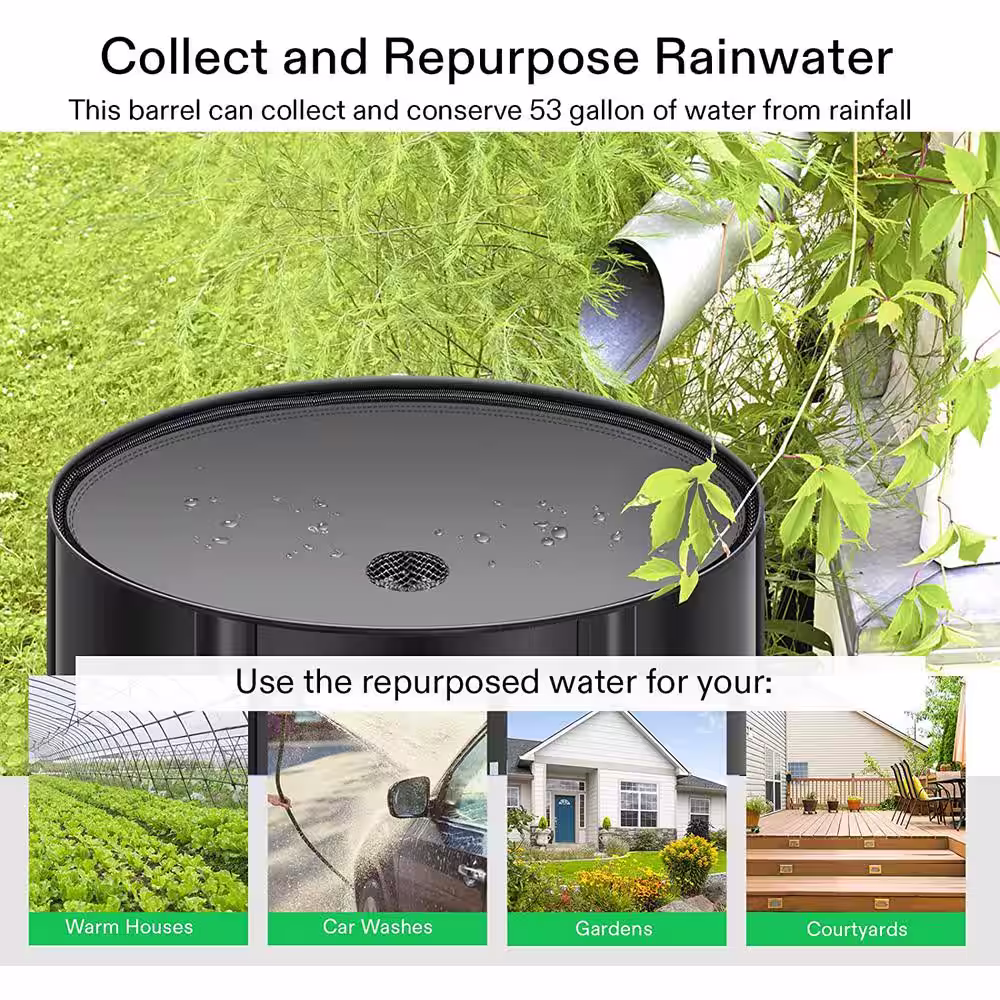 VIVOSUN 53 Gal. Collapsible Rain Barrel with 2 Spigots and Overflow Kit in Black