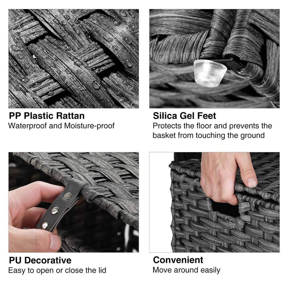 None 110L Rattan Laundry Basket Hamper with 2 Removable Liner Bags Gray