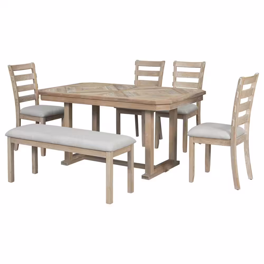 Harper & Bright Designs 6-Piece Natural Beautiful Wood Grain Rubber Wood Dining Table Set with 4 Chairs and 1 Bench