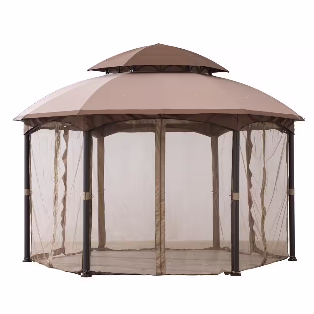 Sunjoy Bourbon 13.5 ft. x 13.5 ft. Brown Steel Gazebo with 2-Tier Tan and Brown Dome Canopy and Mosquito Netting