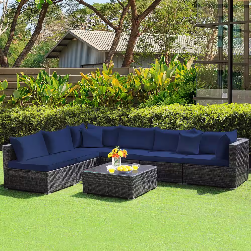 Costway 7-Piece Patio Rattan Furniture Set Sectional Sofa Cushioned Garden Navy