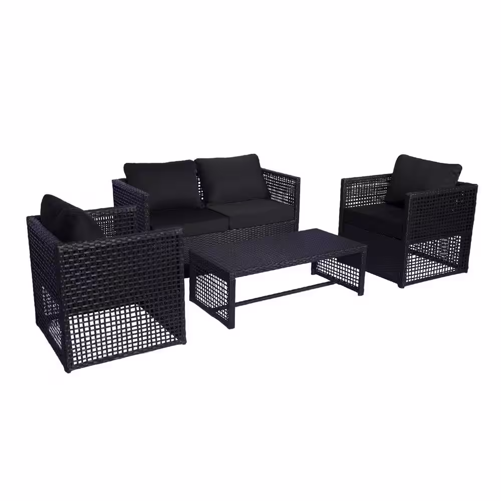 WESTIN OUTDOOR Leah 4-Piece Wicker Patio Conversation Set with Black Cushions