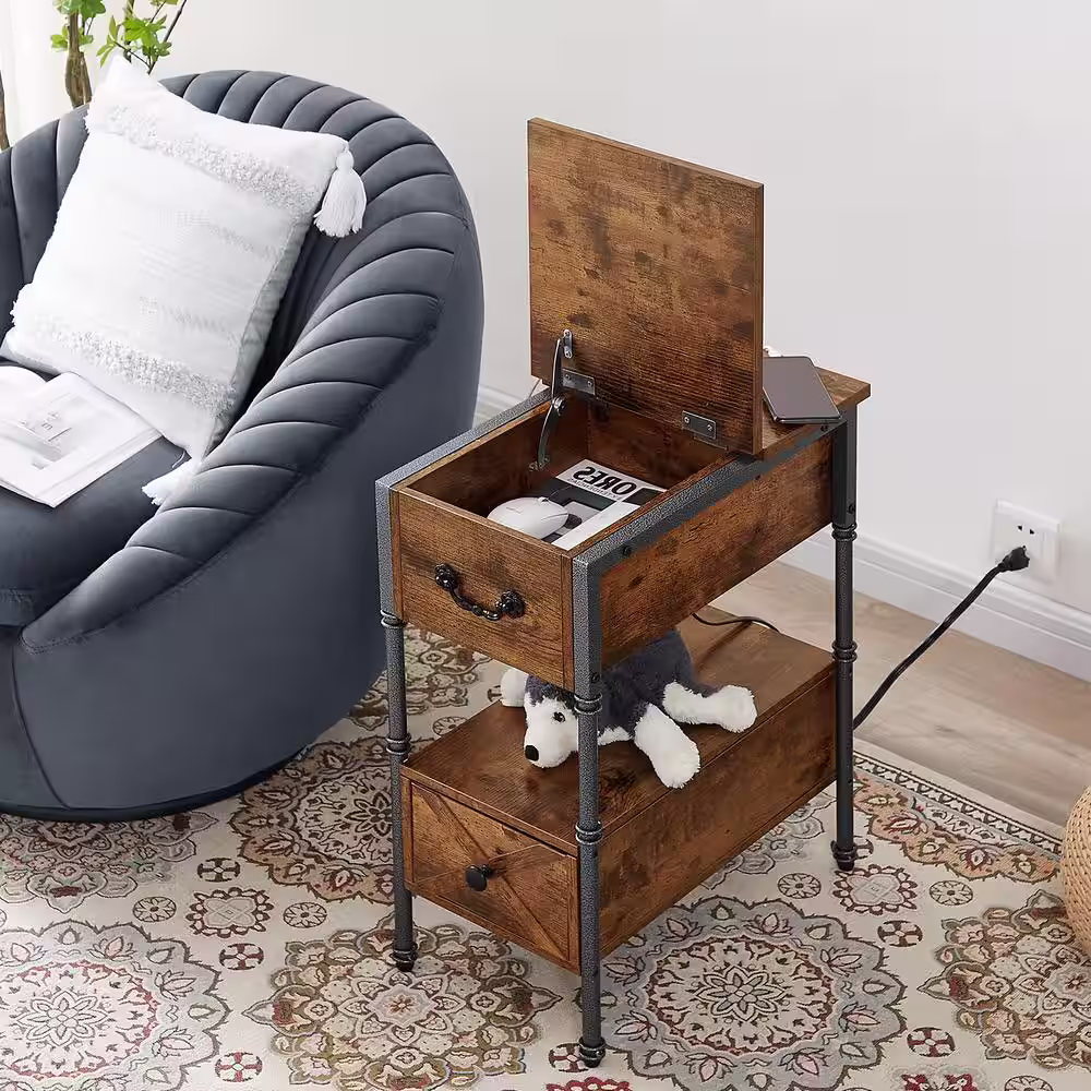 VECELO Side Table with USB Ports, Brown Side Table with Rectangle Box, Nightstand with Charging Station19.6