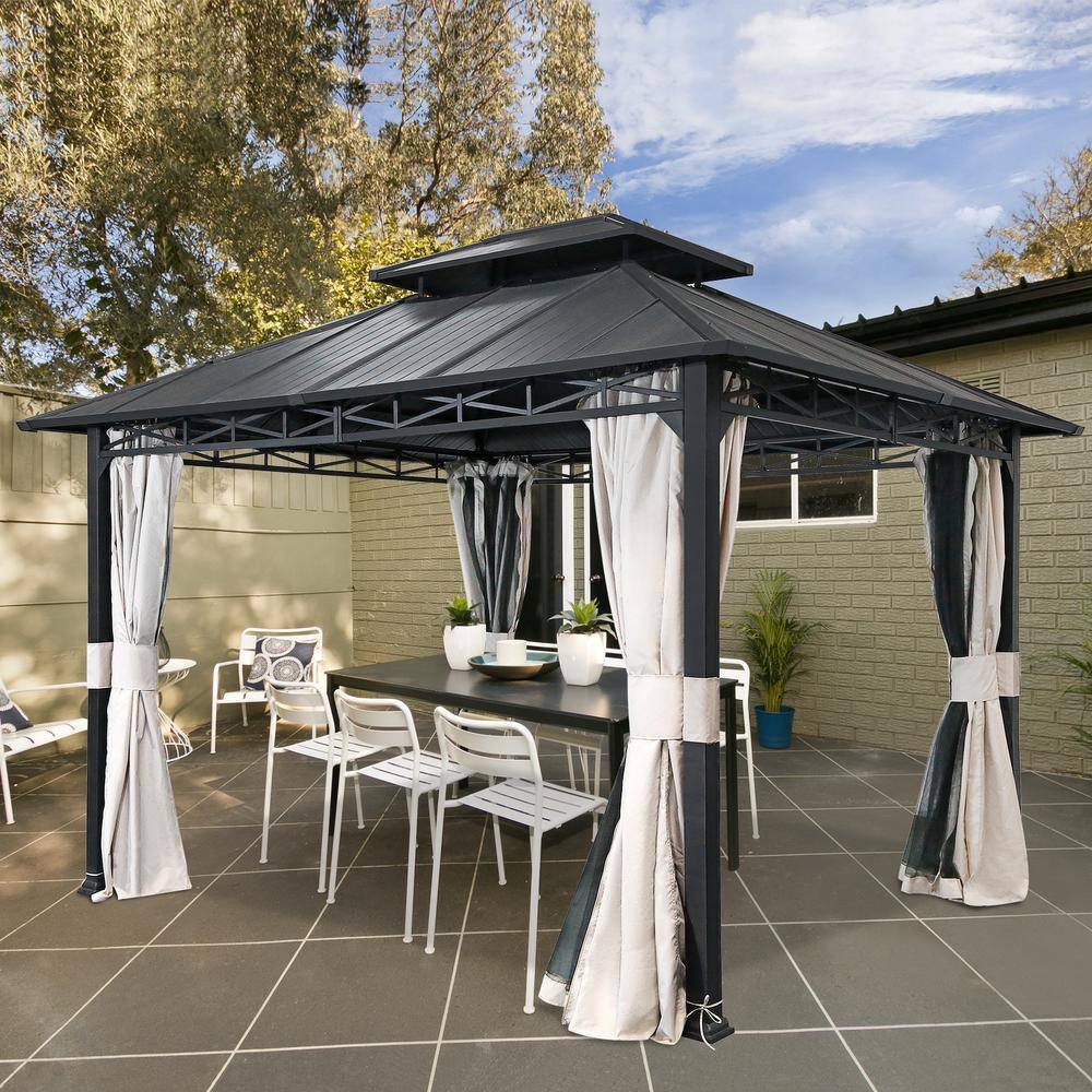 EAGLE PEAK 12 ft. x 10 ft. Black Outdoor Permanent Double Roof Hardtop Gazebo with Mosquito Mesh Netting and Privacy Curtains