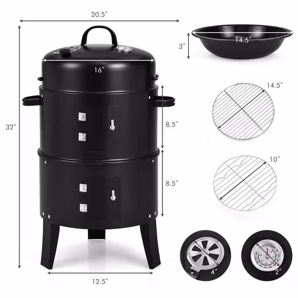 Gymax 3-In-1 Vertical Charcoal BBQ Smoker Grill Separable Black with Built-In Thermometer