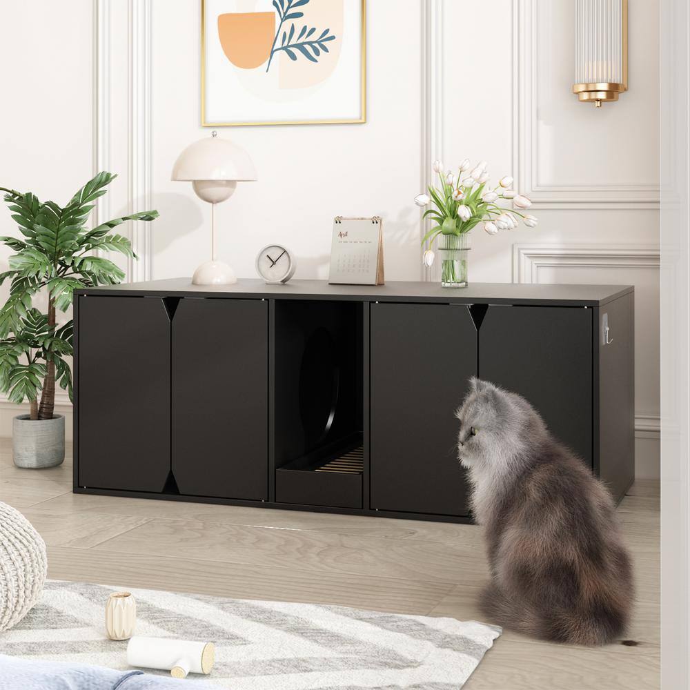 None Cat Litter Box Enclosure Furniture for 2 Cats, Indoor Large Modern Wooden 4-Door Cat Washroom with Double Room, Black