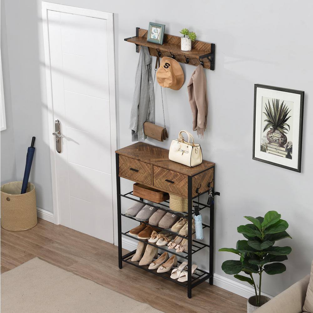 None 42.32 in. H 12-Pair Brown Shoe Rack with Two Drawers and Coat Rack