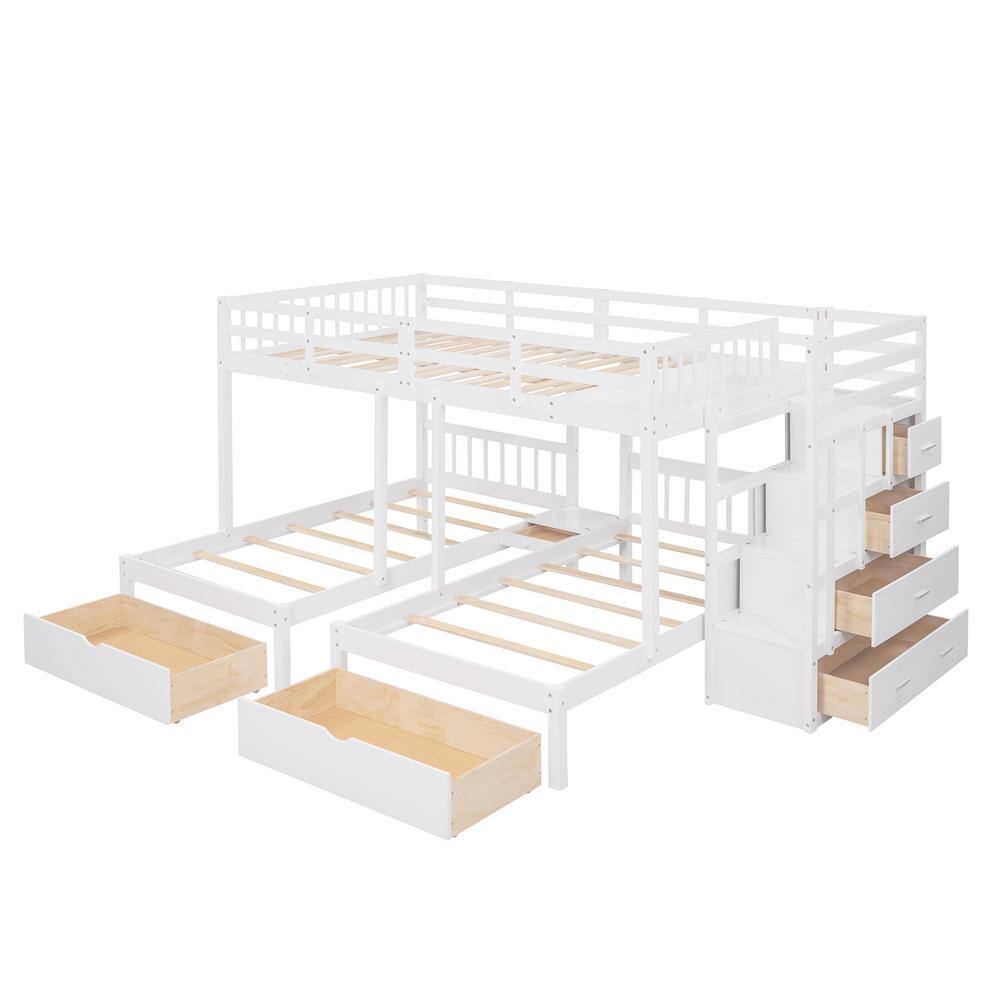 Harper & Bright Designs White Full over Twin & Twin Bunk Bed with Six Drawers and Guardrails