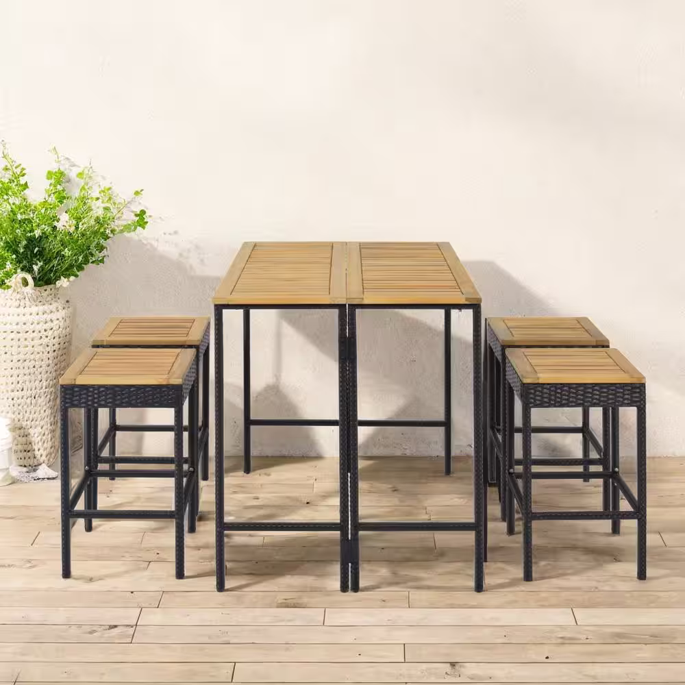 None 5-Piece PE Rattan Wicker Outdoor Bar Set