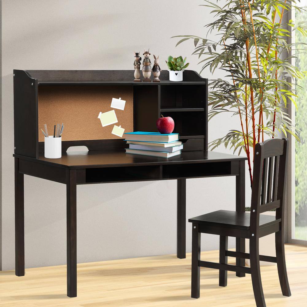 Costway 44 in. Kids Desk and Chair Set Study Writing Desk with Hutch and Bookshelves Brown 2-Piece