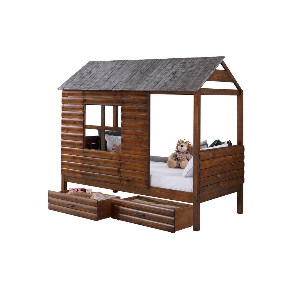 Donco Kids Log Cabin Rustic Walnut and Silver Twin Low Loft Bed with Dual Underbed Drawers