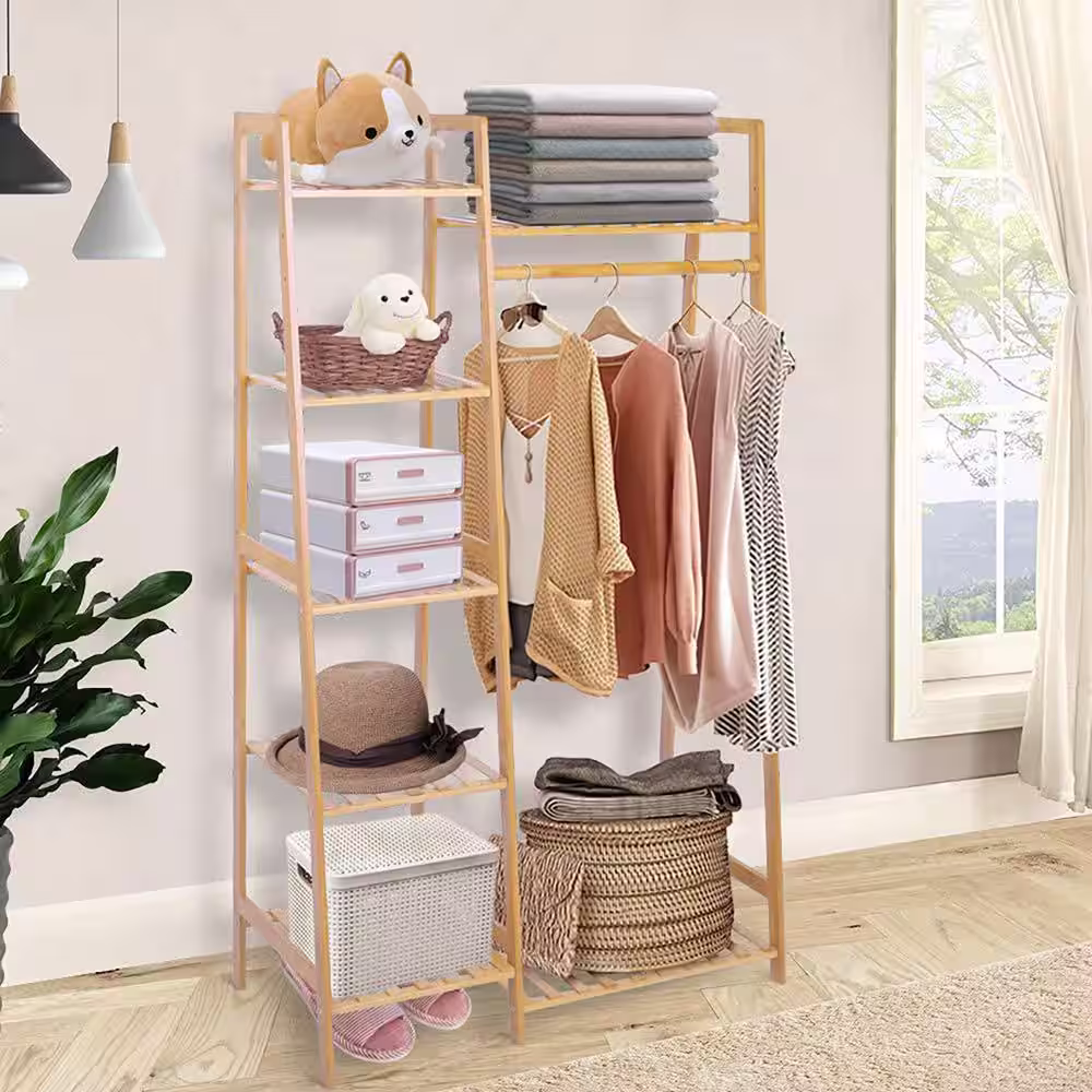 None Brown Bamboo Garment Clothes Rack 31.7 in. W x 55.1 in. H