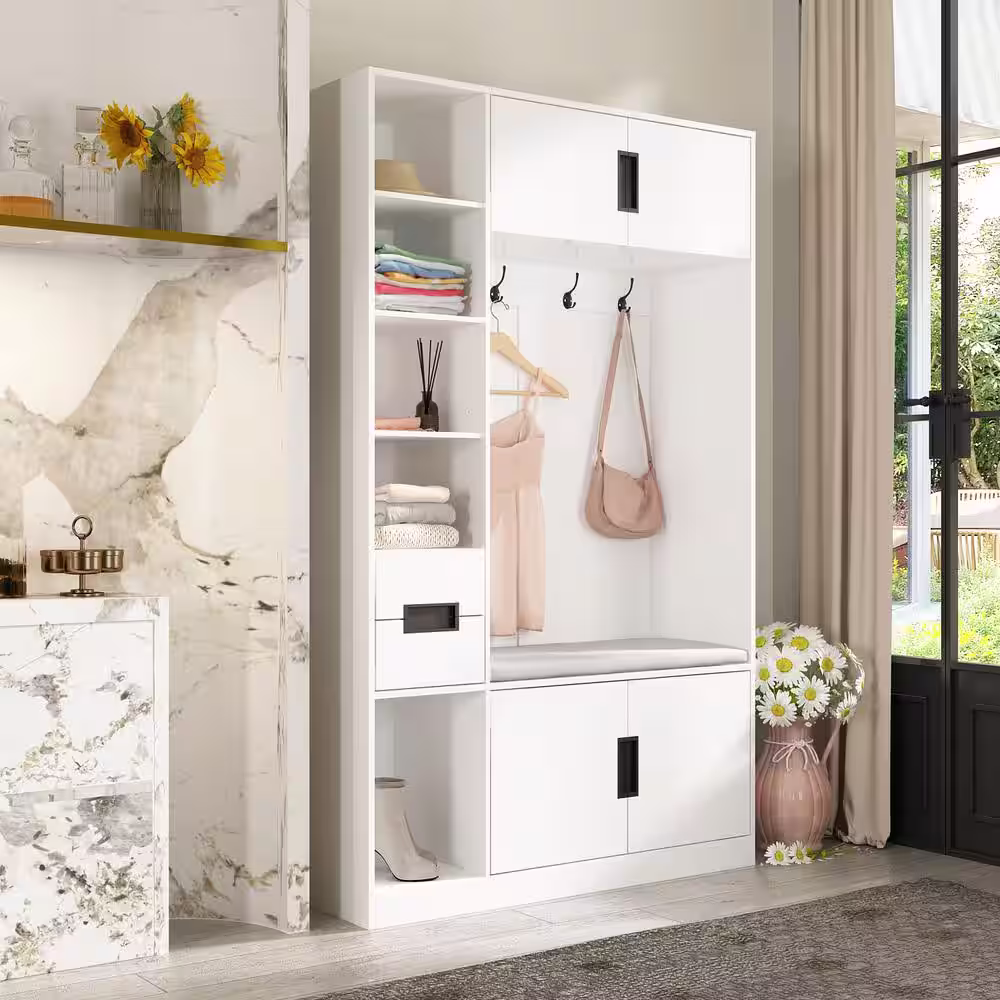 None 70.9 in. H White Wood 3 in.-1 Coat Rack Hall Tree Shoe Bench with 4-Metal Hooks and Doors, 2-Drawers and Shelves
