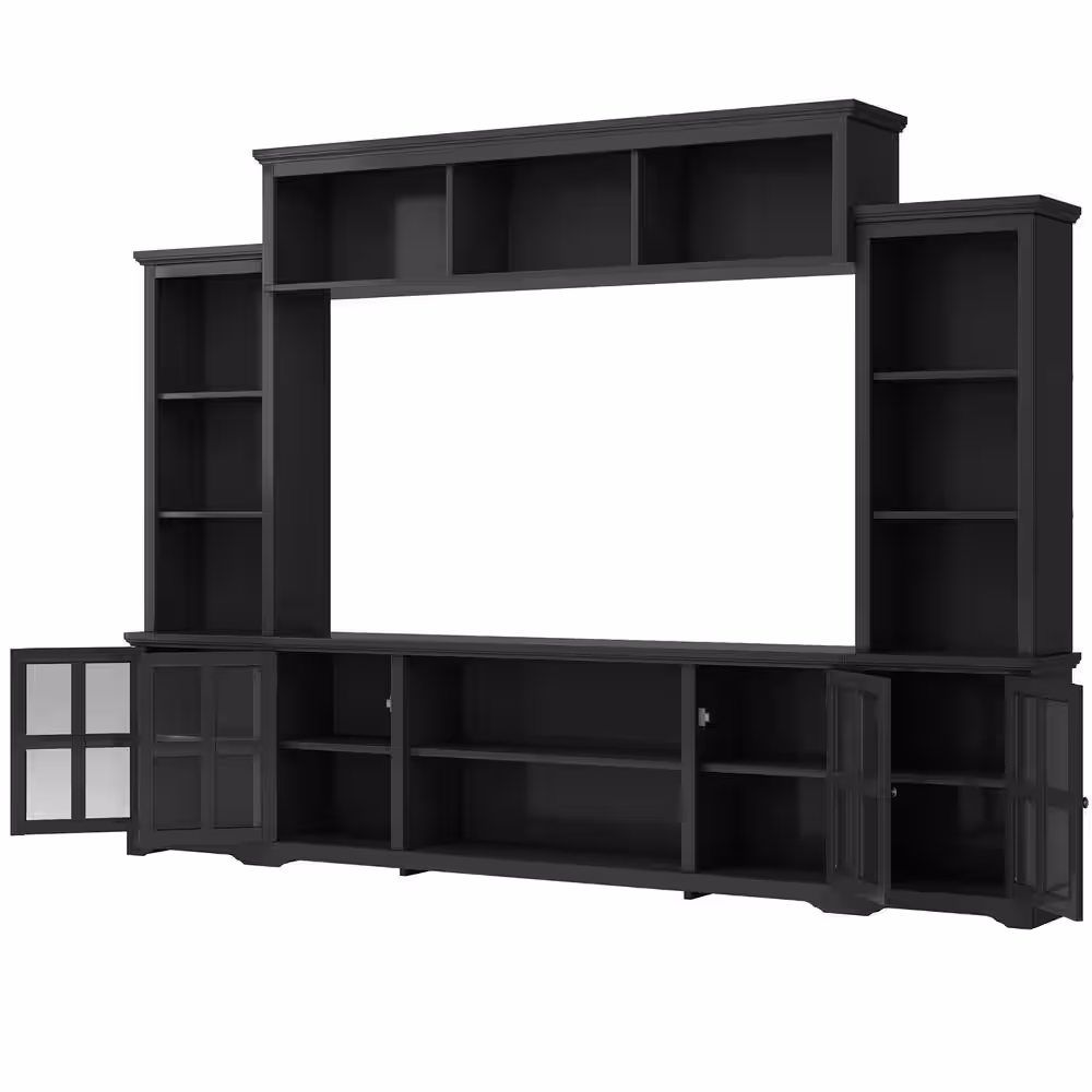 Harper & Bright Designs Black Minimalism Style TV Stand Fits TV's up to 70 in. with 3-Tier Shelves and Tempered Glass Door