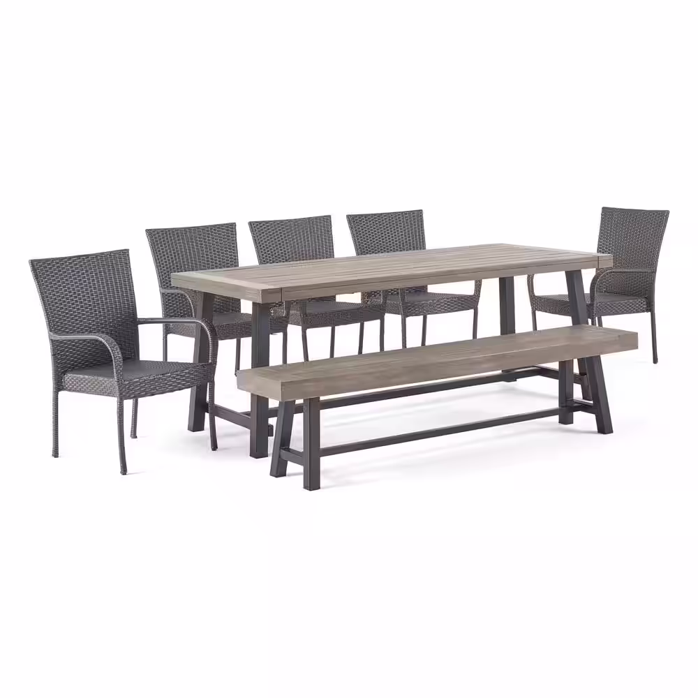 Noble House Lyons 30 in. Grey 7-Piece Metal Rectangular Outdoor Dining Set