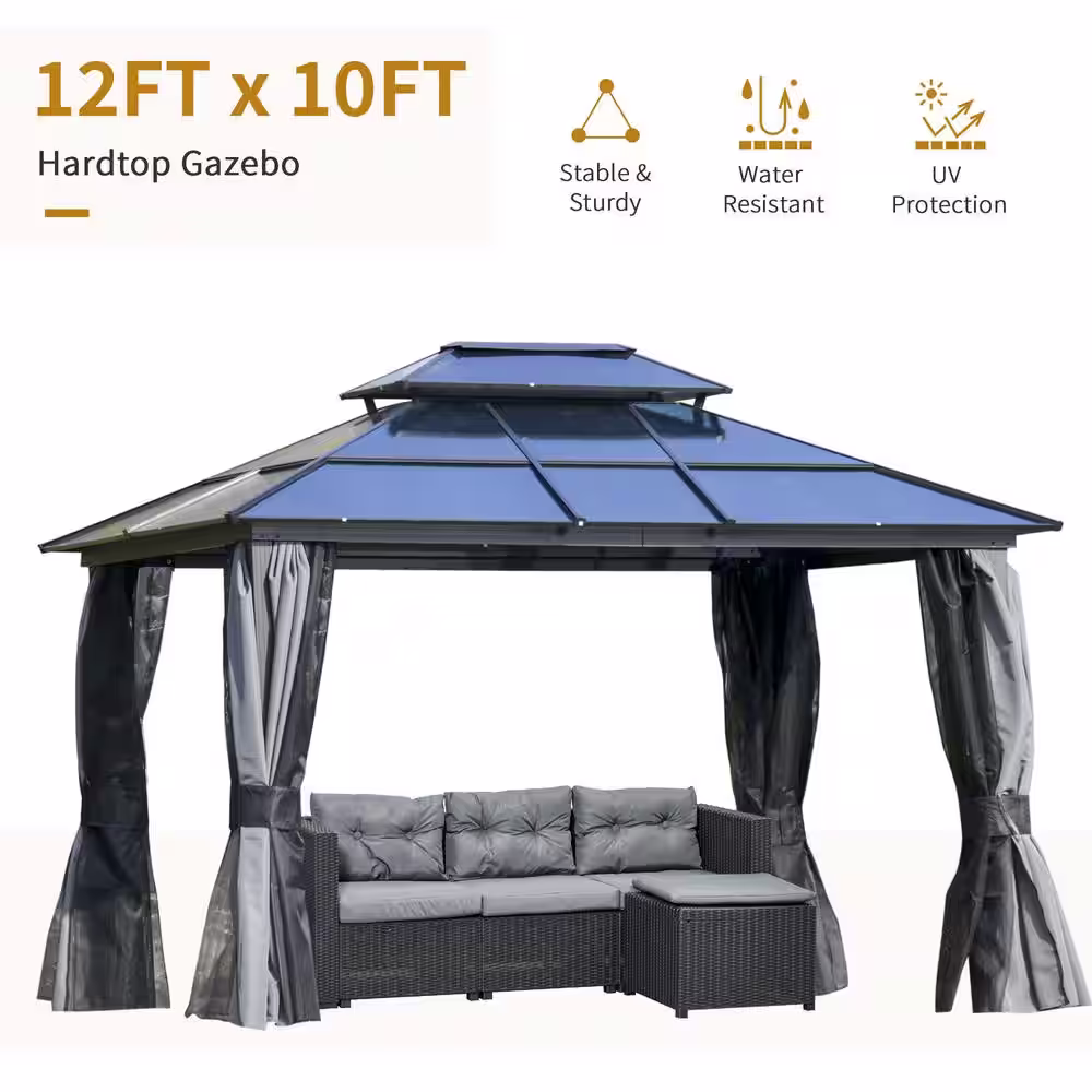 Outsunny 10 ft. x 12 ft. Black Polycarbonate Hardtop Patio Gazebo with Double-Tie Roof and Sidewall Nettings
