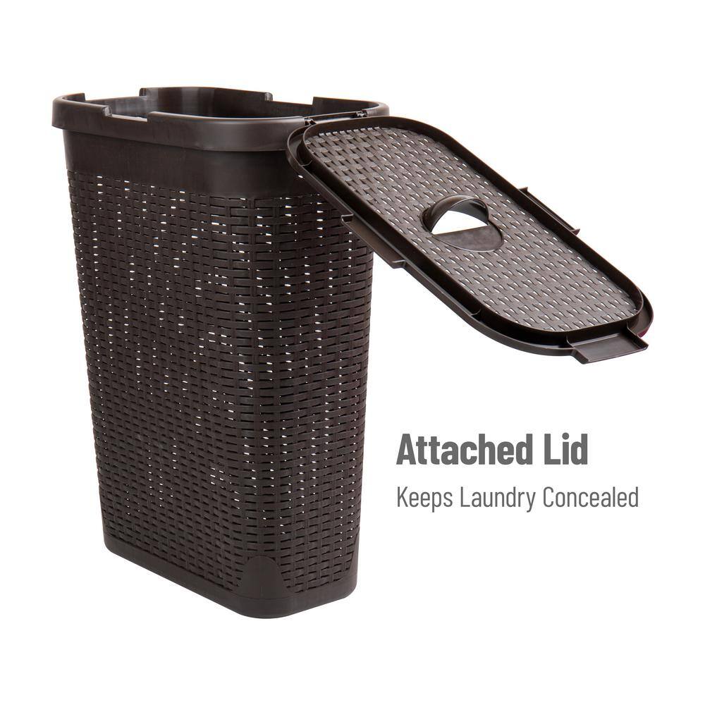 Mind Reader Basket Collection, Slim Laundry Hamper, 40 Liter (15kg/33lbs) Capacity, Cut Out Handles, Attached Hinged Lid, Brown