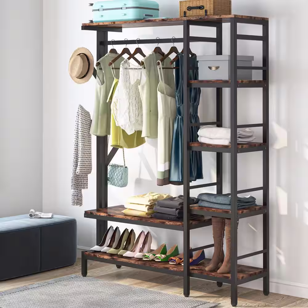 TRIBESIGNS WAY TO ORIGIN Billie Brown Closet System Starter Kit Garment Rack with Shelves Hang Rod,4-Hooks (70.9 in. x 47.2 in. x 15.8 in.)