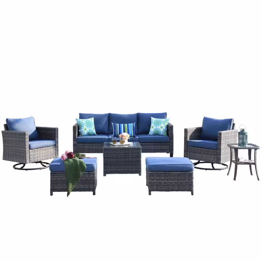OVIOS New Vultros Gray 7-Piece Wicker Outdoor Patio Conversation Set with Denim Blue Cushions and Swivel Rocking Chairs