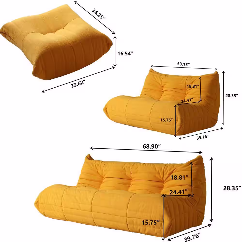 Magic Home 3 Pieces Bean Bag Teddy Velvet Top Thick Seat Living Room Lazy Sofa in Yellow (2 Seater + 3 Seater + Ottoman )