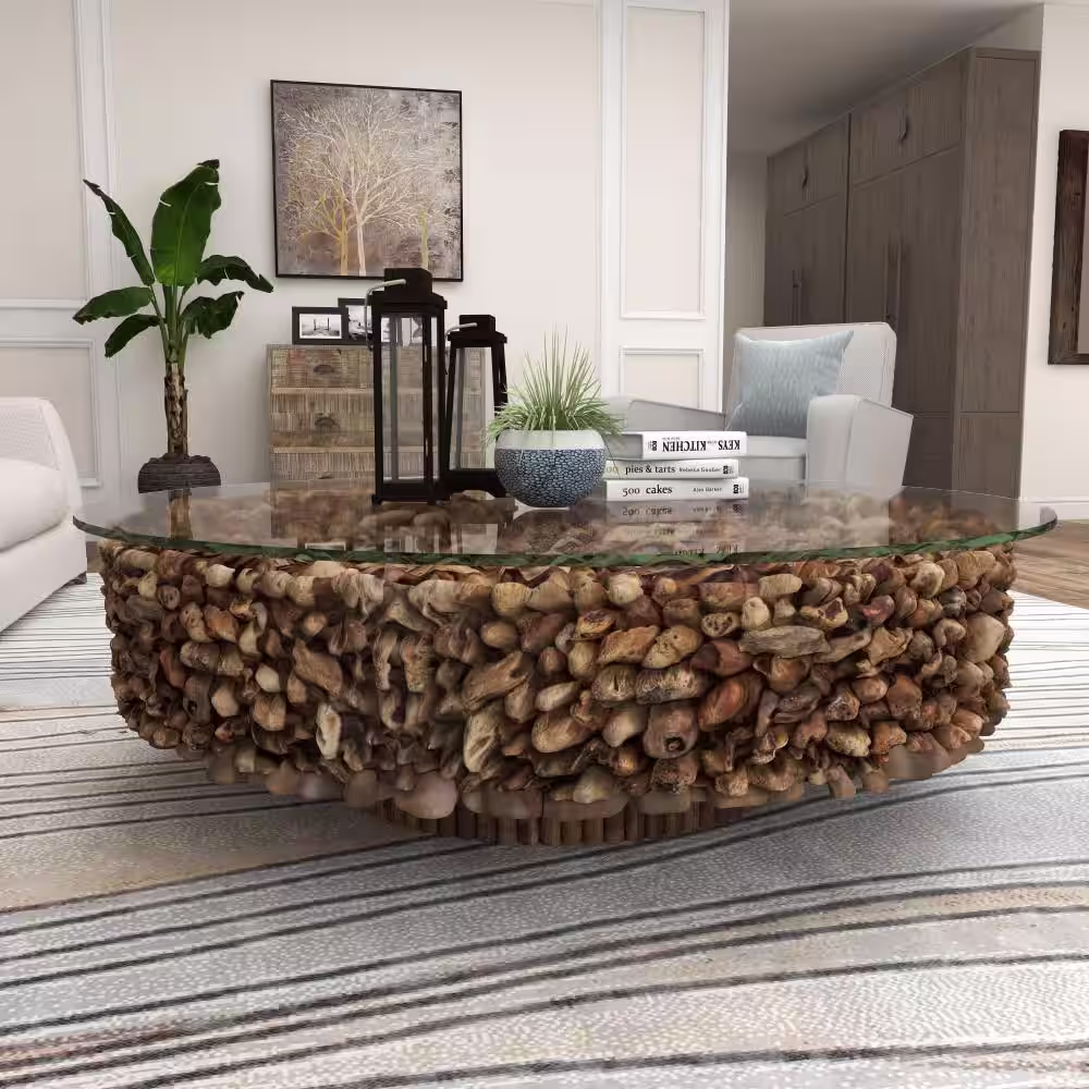 Litton Lane 48 in. Brown Medium Round Driftwood Handmade Collage and Pedestal Base Coffee Table with Tempered Glass Top