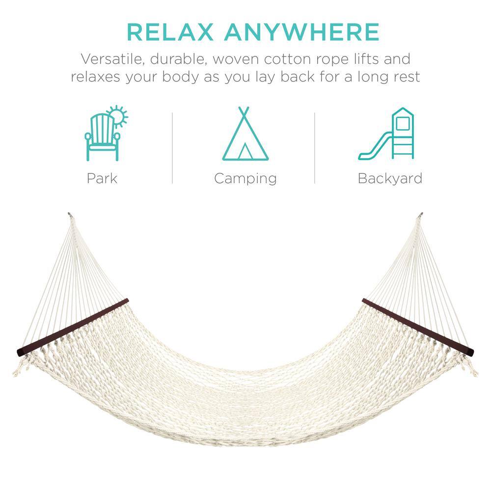 Best Choice Products 2-Person 11 ft. Woven Cotton Rope Double Hammock Bed w/Spreader Bars, Carrying Case - Off-White