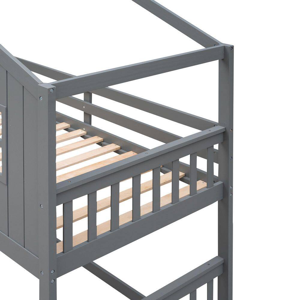 Harper & Bright Designs Gray Twin Over Twin Wood House Bunk Bed With Ladder