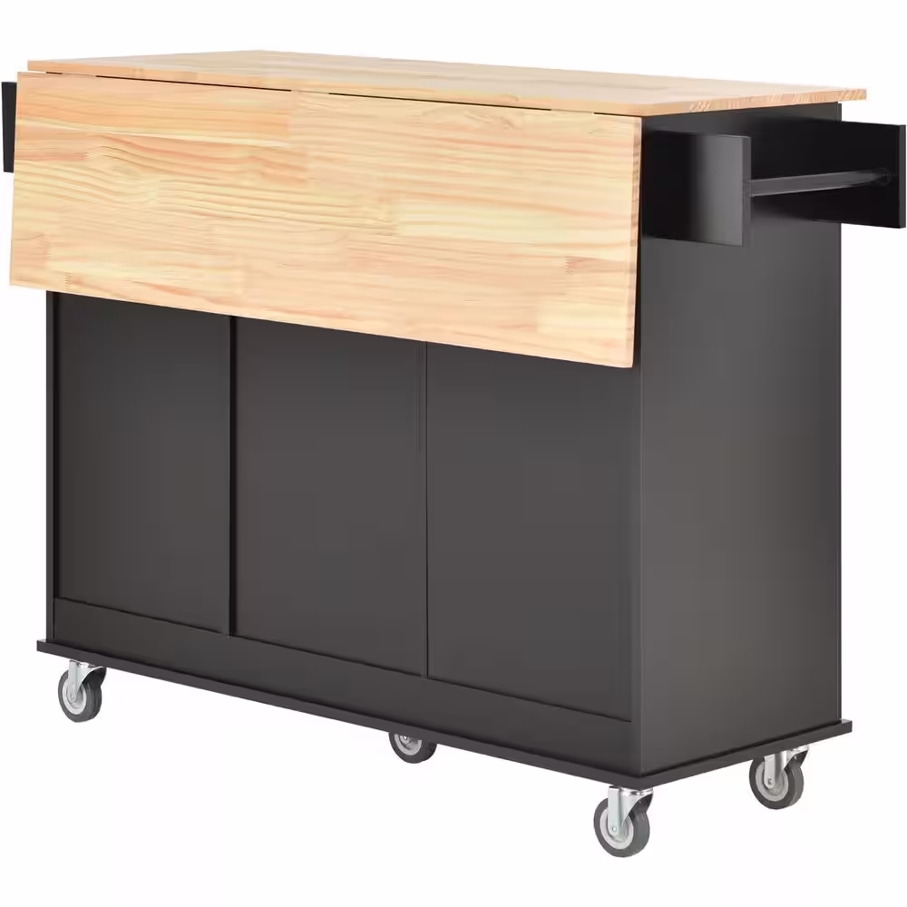 None 52.7 in. W x 17.71 in. D x 36.81 in. H Black Rolling Mobile Kitchen Island with Solid Wood Top and Locking Wheels