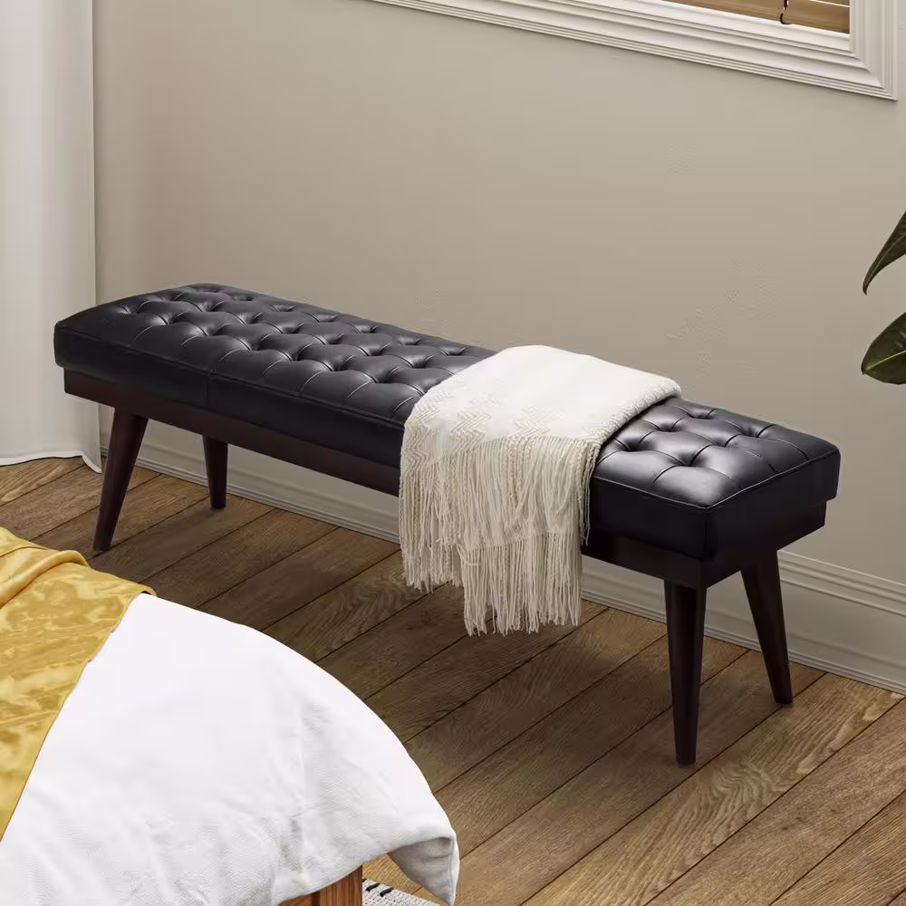 JAYDEN CREATION Paula 55.5 in. Wide Black Genuine Leather Bedroom Bench with Solid Wood Base