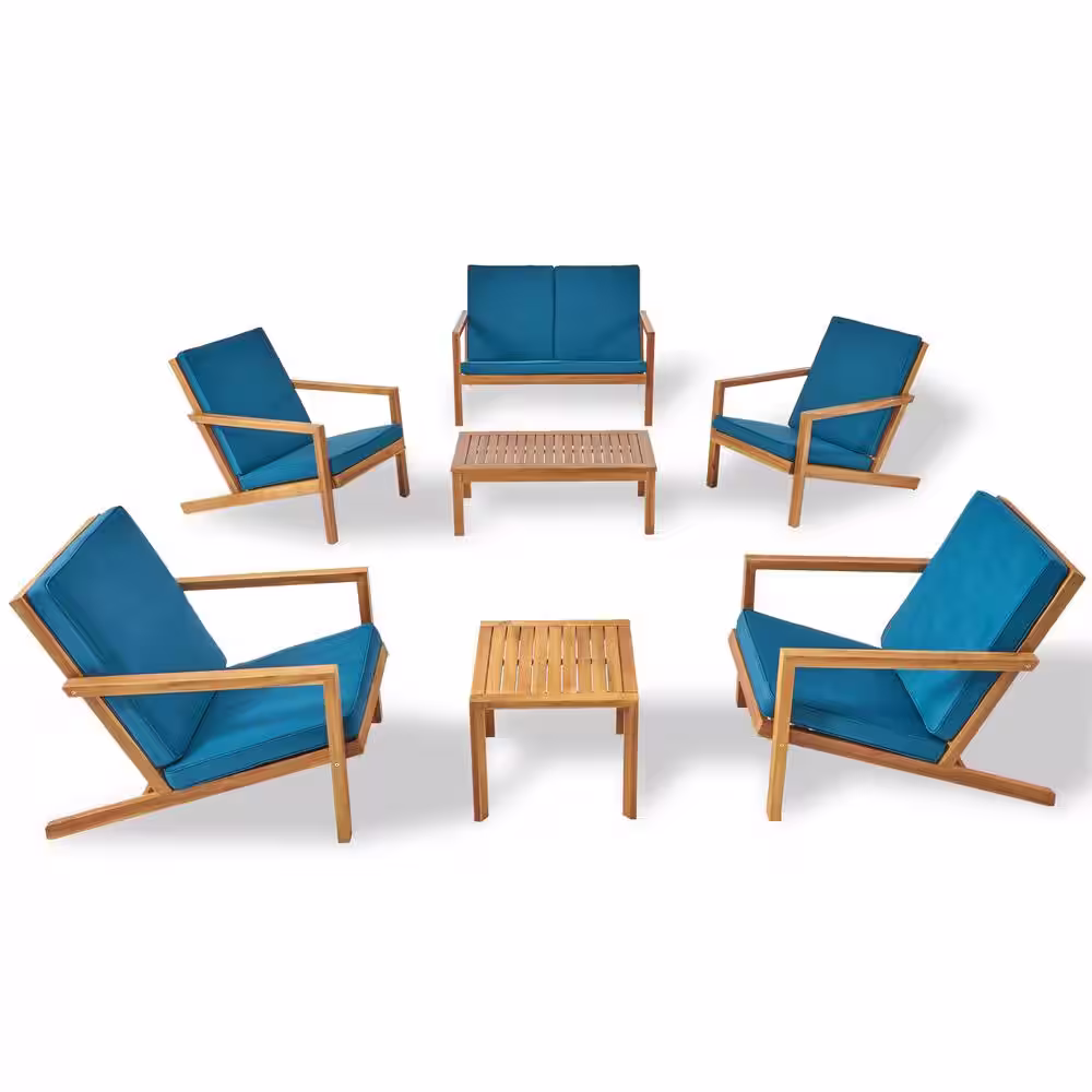Noble House Leah Brown Patina 7-Piece Wood Patio Conversation Seating Set with Dark Teal Cushions