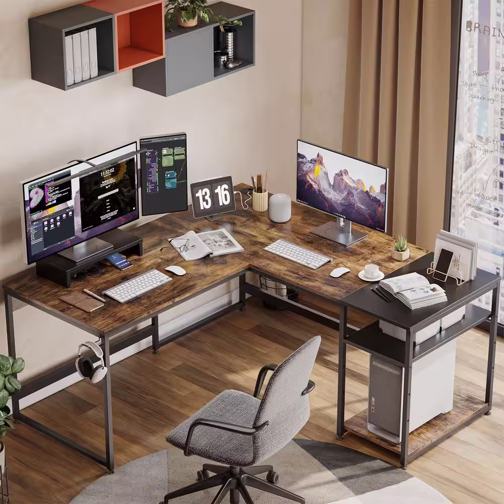 Bestier 95.4 in. Rustic Brown L-Shaped Computer Desk with Shelves and Monitor Stand